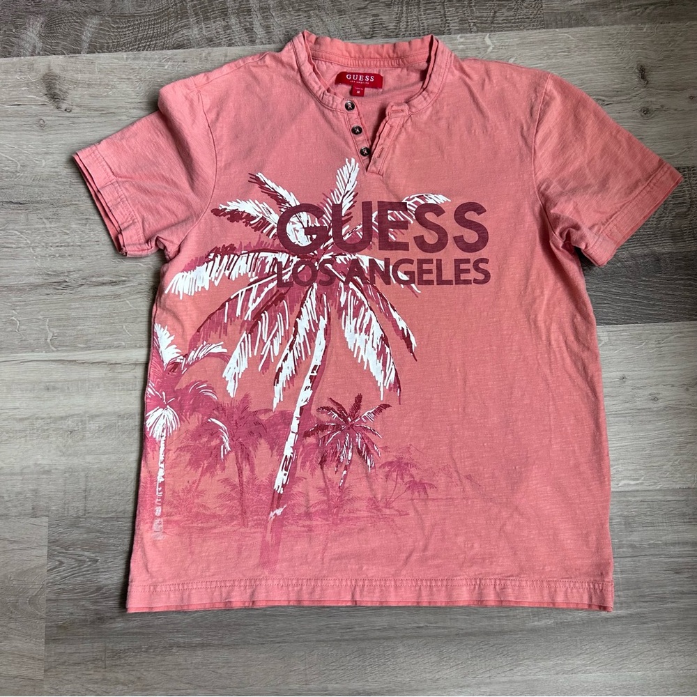 GUESS Coral Pink Palm Logo Henley Tee